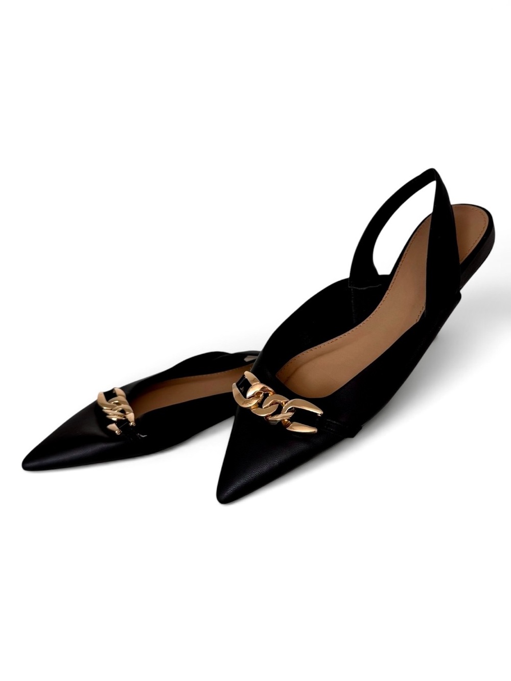 H&M Black Pointed Toe Slingback Flats Gold Chain Women's Size 5.5